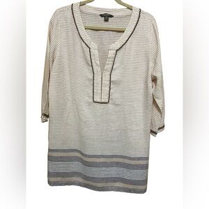 Tommy Bahama Linen Tunic with Wood Bead Trim in Size Large.  Cream, Tan Stripe.